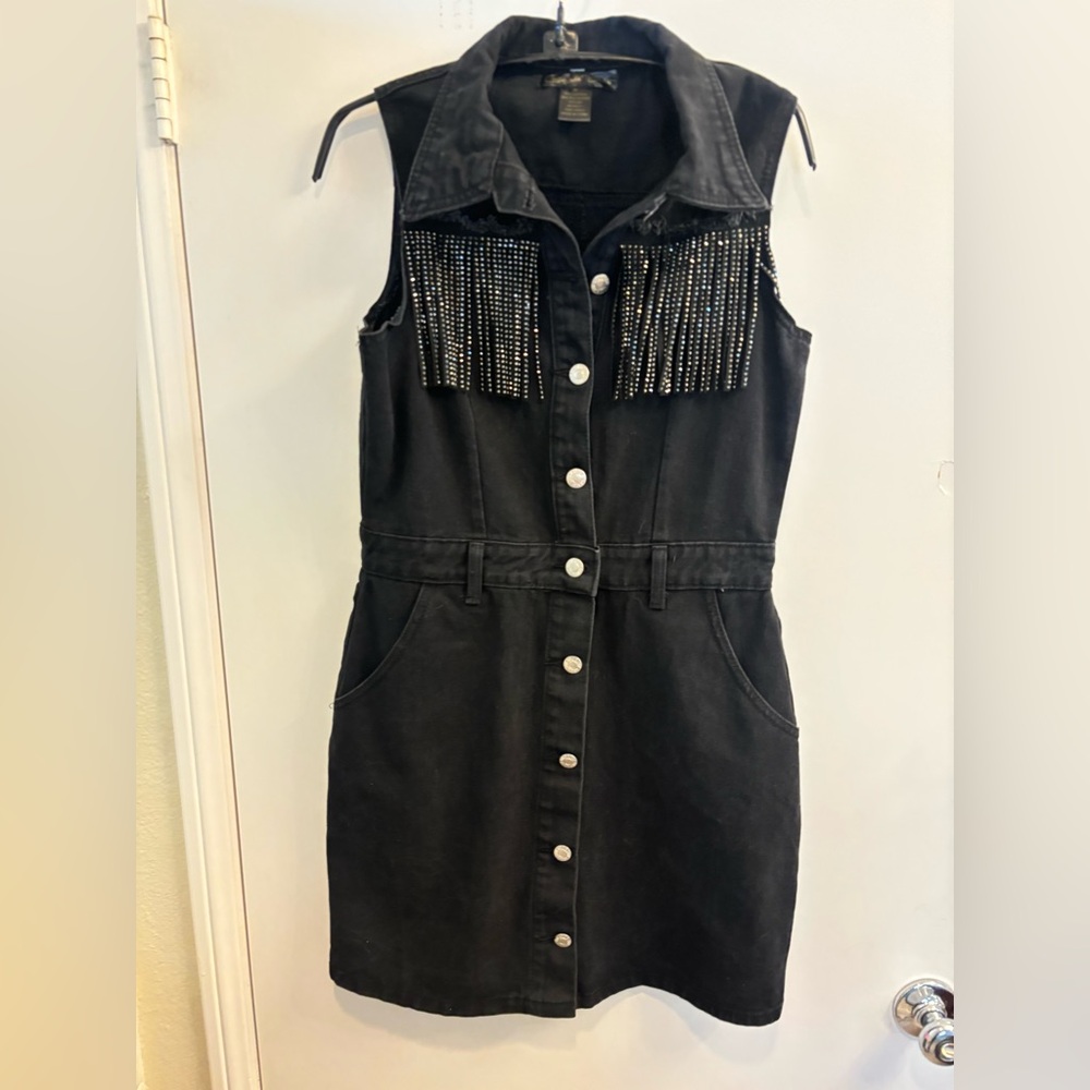 Black denim dress with fringe accent M